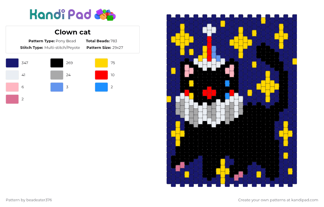 Clown cat - Pony Bead Pattern by beadeater376 on Kandi Pad - purple,yellow