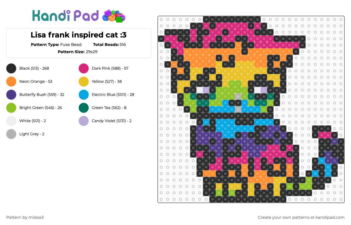 Lisa frank inspired cat :3 - Fuse Bead Pattern by milesx3 on Kandi Pad - black,pink,orange,light blue,colorful