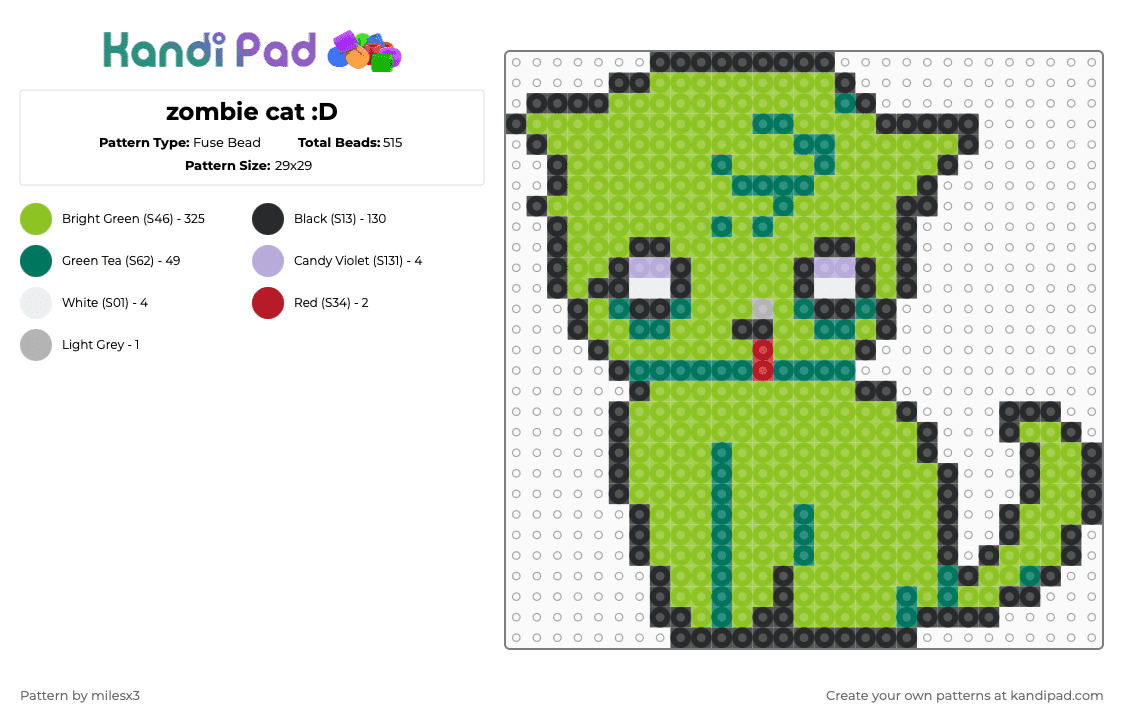zombie cat :D - Fuse Bead Pattern by milesx3 on Kandi Pad - green