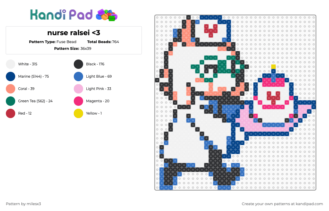 nurse ralsei - Fuse Bead Pattern by milesx3 on Kandi Pad - white,blue,pink