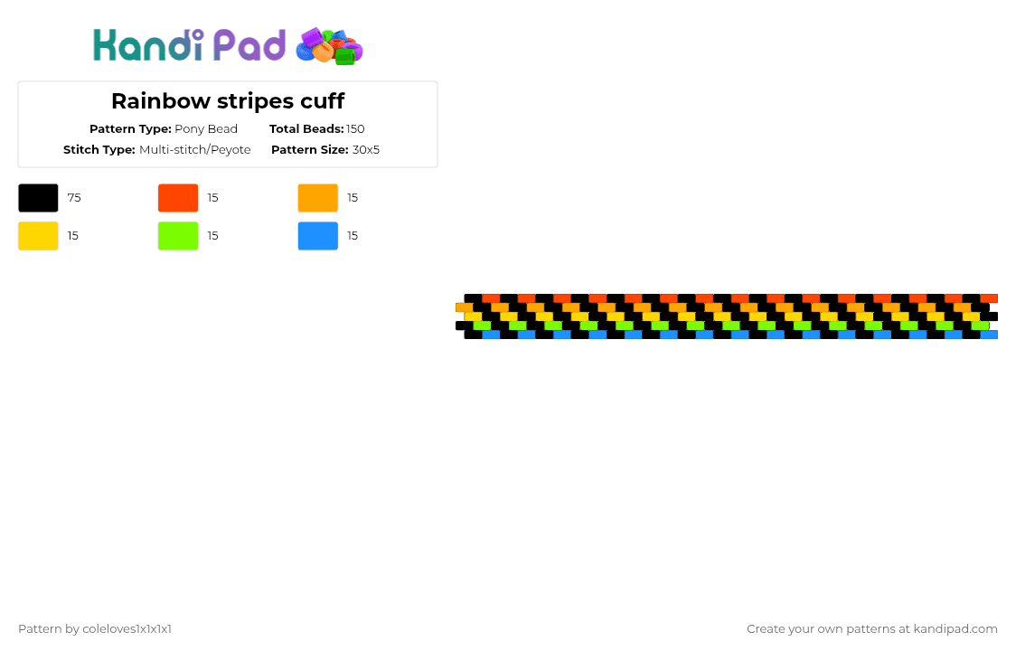 Rainbow stripes cuff - Pony Bead Pattern by coleloves1x1x1x1 on Kandi Pad - black,orange,green,colorful,scene,rainbow,odd peyote stitch,tutorial,vibrant,stripes