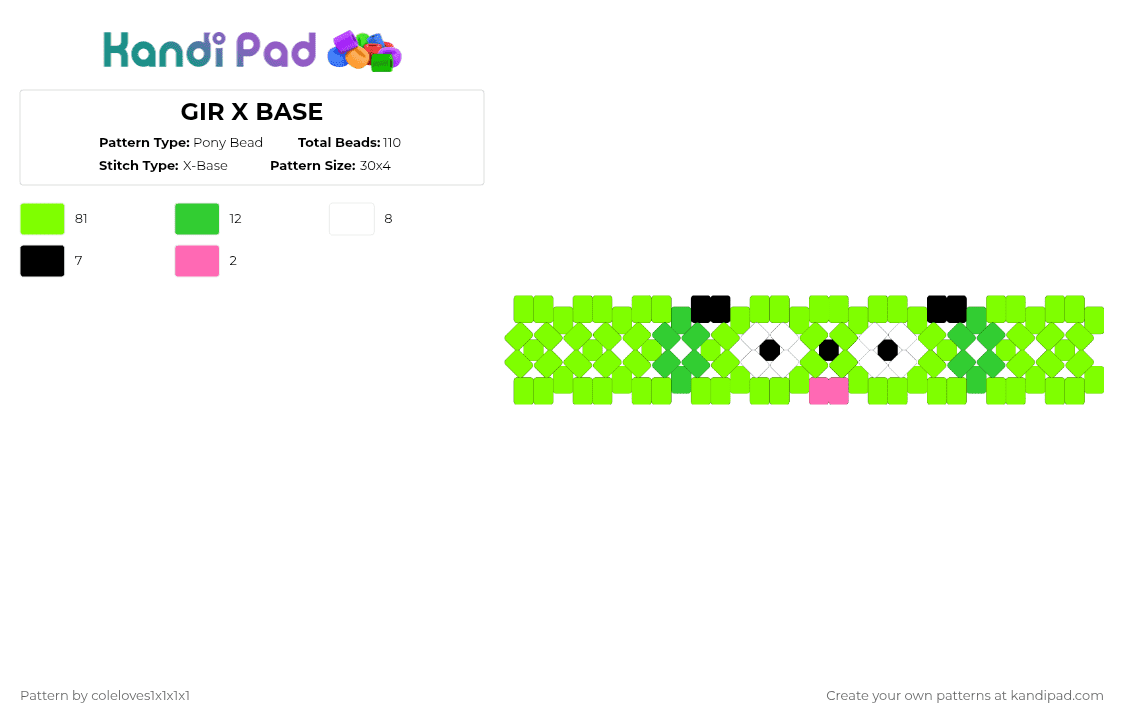 GIR X BASE - Pony Bead Pattern by coleloves1x1x1x1 on Kandi Pad - green,invader zim,gir,x base,silly,cute,gir invader zim,scene