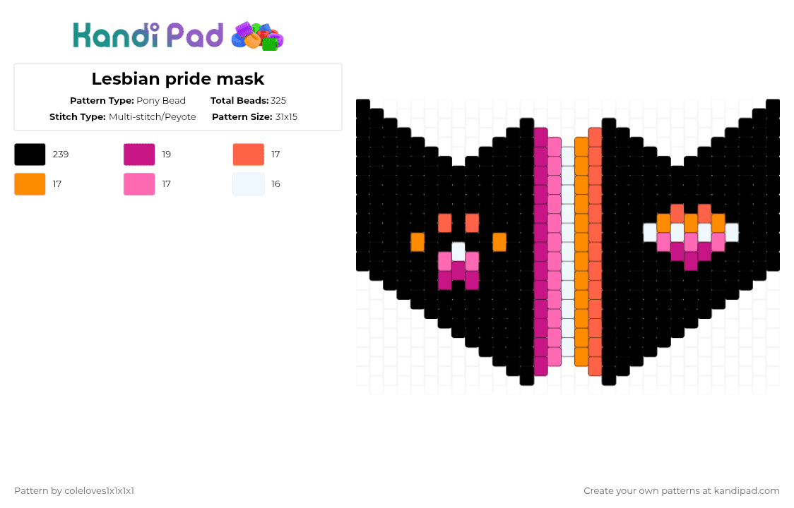 Lesbian pride mask - Pony Bead Pattern by coleloves1x1x1x1 on Kandi Pad - black,pink,lesbian,pride,mask,peyote stitch,wlw,women love women,homosexual