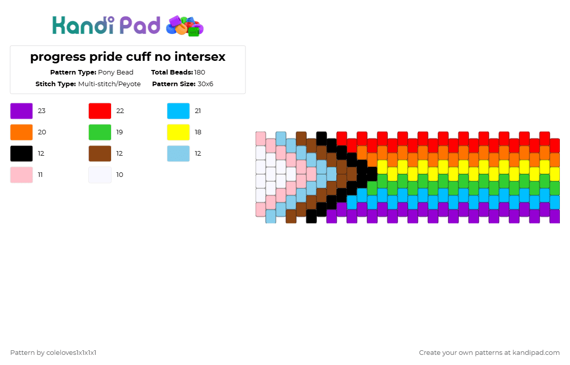 progress pride cuff no intersex - Pony Bead Pattern by coleloves1x1x1x1 on Kandi Pad - red,light blue,purple,pride,multistitch,cuff,progress pride,lgbtq