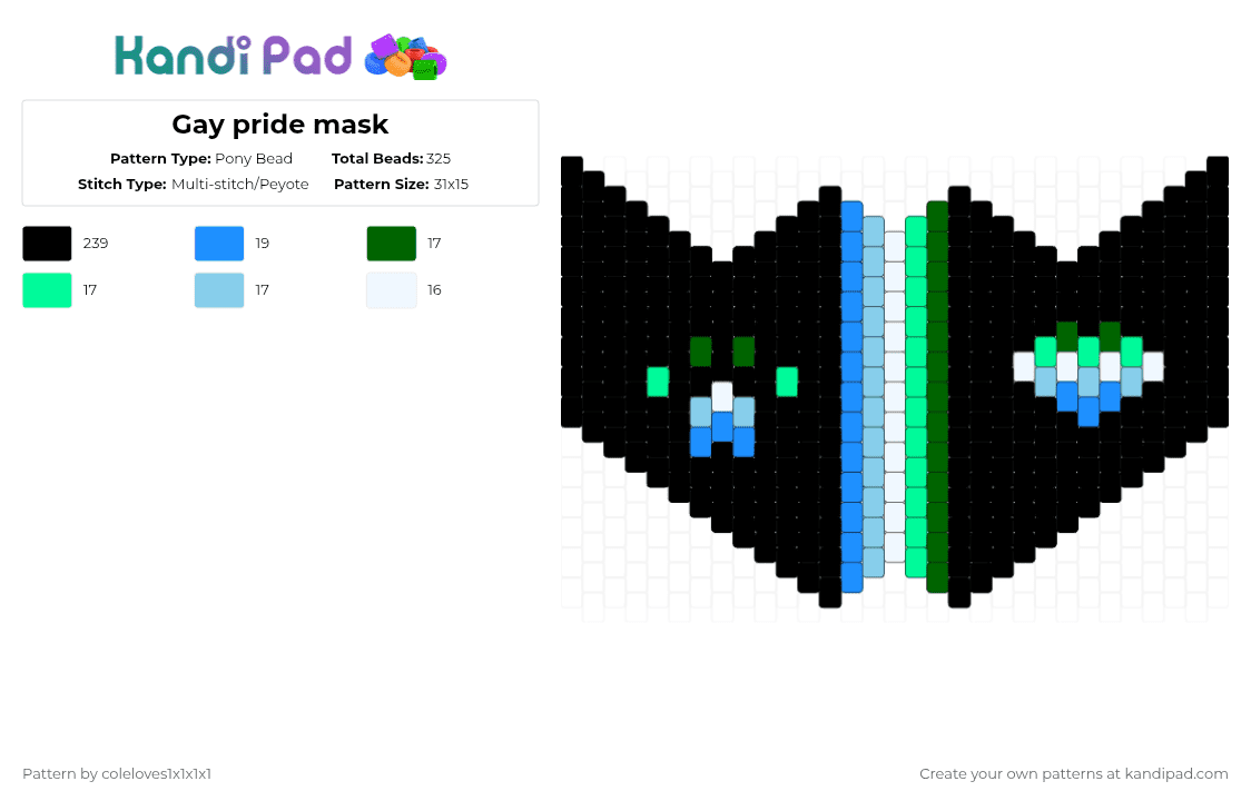 Gay pride mask - Pony Bead Pattern by coleloves1x1x1x1 on Kandi Pad - black,light blue,pride,mask,peyote stitch,homosexual,gay,men love men,mlm