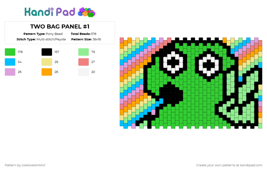 TWO BAG PANEL #1 - Pony Bead Pattern by coleloves1x1x1x1 on Kandi Pad - teal,green,two,bfdi,bfb,tpot,jacknjellify,peyote,panel,bag