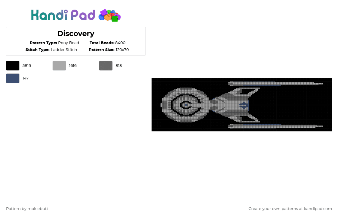 Discovery - Pony Bead Pattern by moklebutt on Kandi Pad - black,beige,star trek,uss discovery,space,startrek,disco