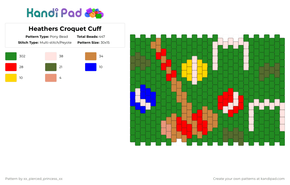 Heathers Croquet Cuff - Pony Bead Pattern by xx_pierced_princess_xx on Kandi Pad - green,heathers,cuff,musical,heathers the musical,croquet,croquet cuff,heathers croquet