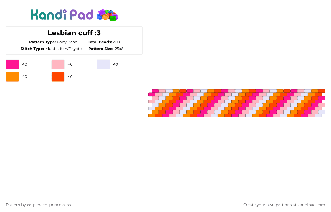 Lesbian cuff :3 - Pony Bead Pattern by xx_pierced_princess_xx on Kandi Pad - pink,pride flag,pride,flag,cuff,lesbian
