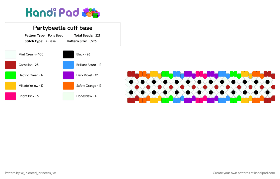 Partybeetle cuff base - Pony Bead Pattern by xx_pierced_princess_xx on Kandi Pad - colorful, green, purple, white, yellow