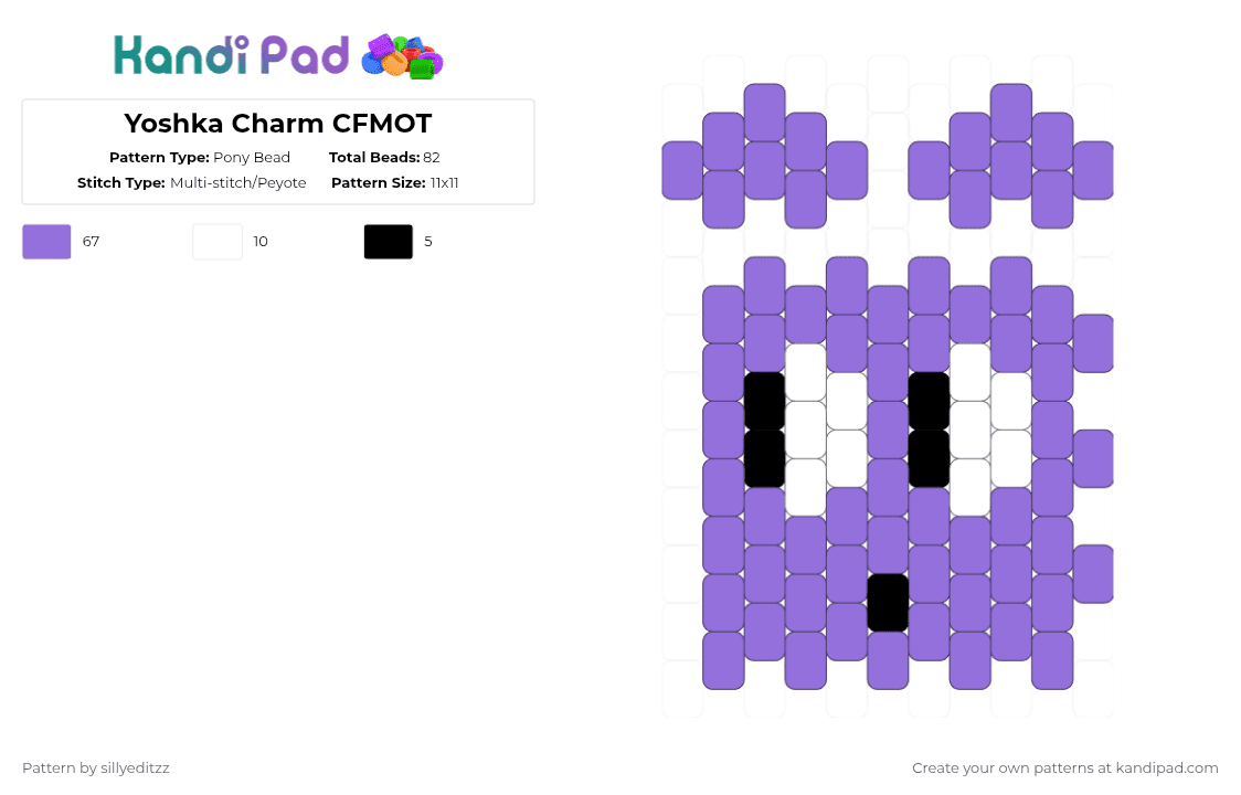 Yoshka Charm CFMOT - Pony Bead Pattern by sillyeditzz on Kandi Pad - purple,cfmot,objectshow,contest,charm,peyote,multistitch,fun,simple