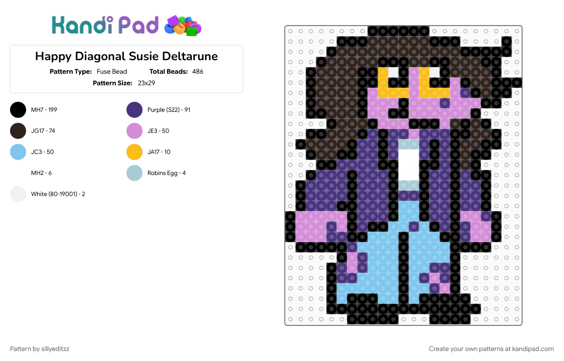 Happy Diagonal Susie Deltarune - Fuse Bead Pattern by sillyeditzz on Kandi Pad - cheeky, deltarune, happy, kris, silly goober, susie, tobyfox, undertale