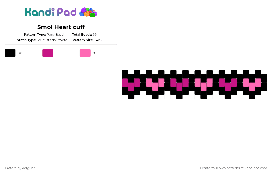 Smol Heart cuff - Pony Bead Pattern by defg0n3 on Kandi Pad - black,pink,heart,scene