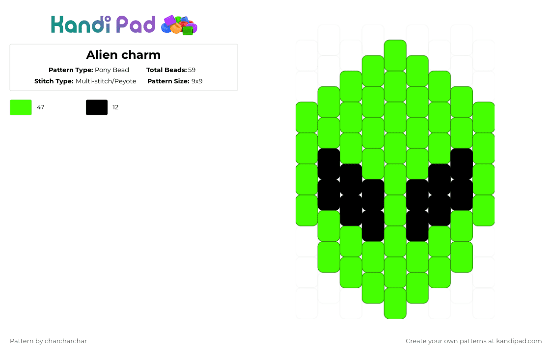 Alien charm - Pony Bead Pattern by charcharchar on Kandi Pad - green,alien,charm,neon