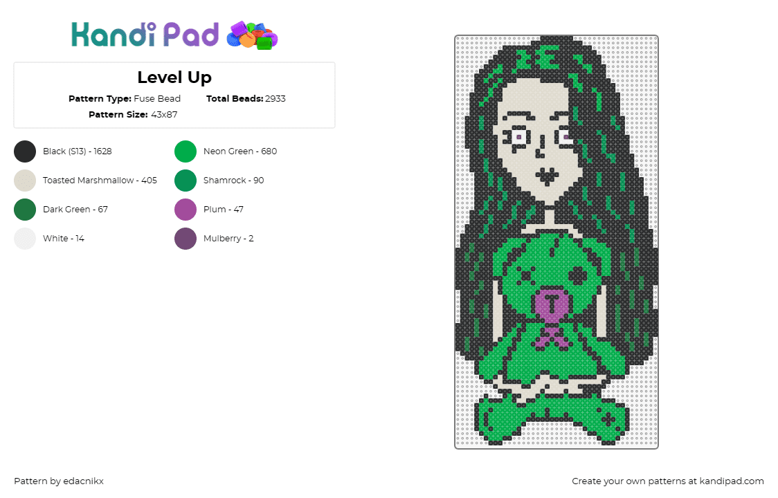 Level Up - Fuse Bead Pattern by edacnikx on Kandi Pad - level up,music,edm,dj,figure,flowing hair,plush,green,purple,gray