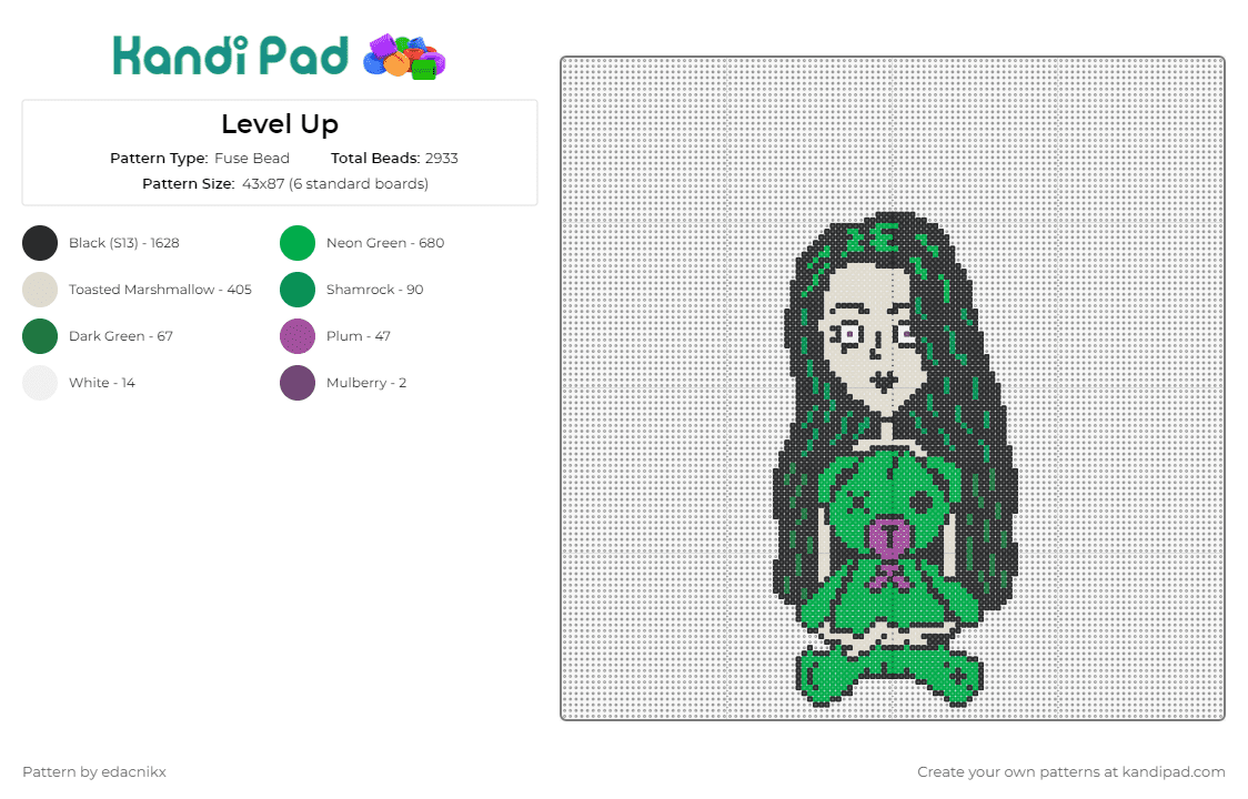 Level Up - Fuse Bead Pattern by edacnikx on Kandi Pad - level up,music,edm,dj,figure,flowing hair,plush,green,purple,grey