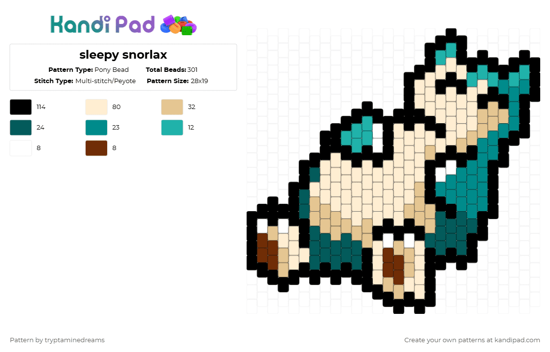 sleepy snorlax - Pony Bead Pattern by tryptaminedreams on Kandi Pad - beige,snorlax,sleeping,pokemon,cute,teal,sleepy