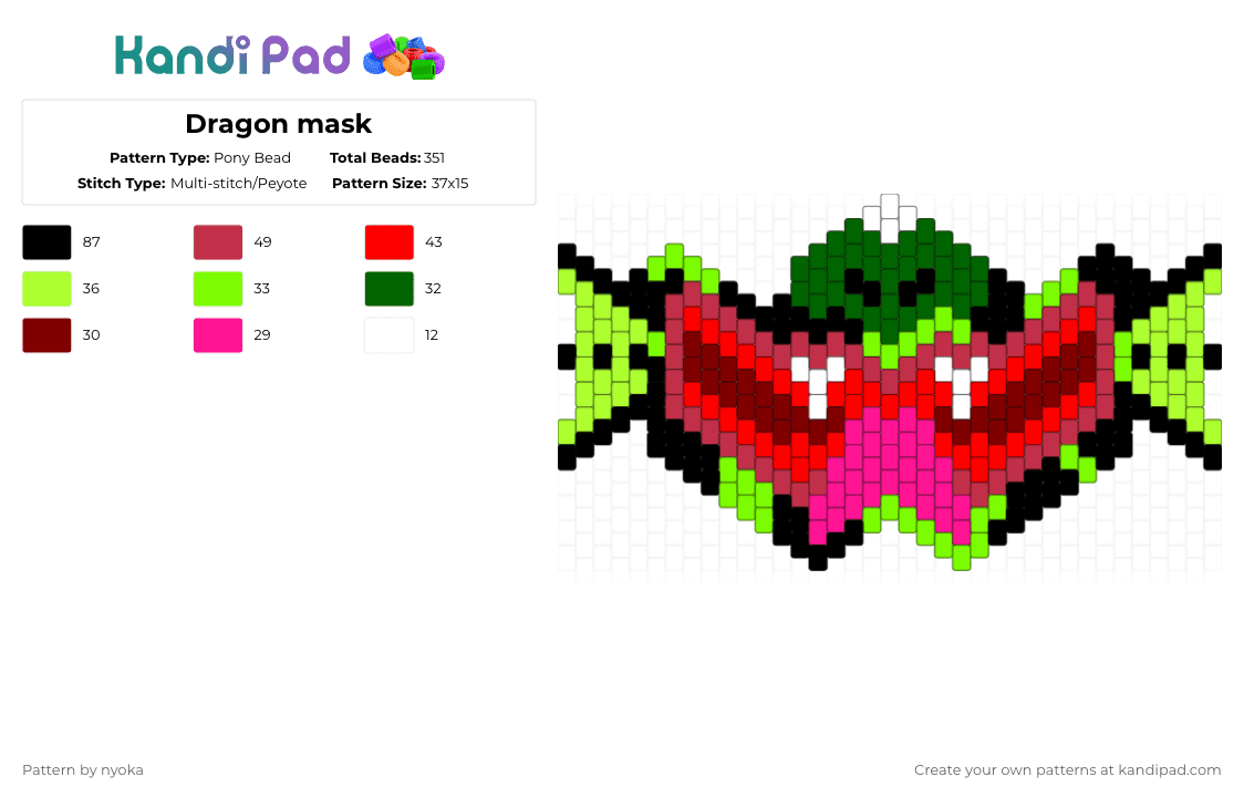Dragon mask - Pony Bead Pattern by nyoka on Kandi Pad - green,red