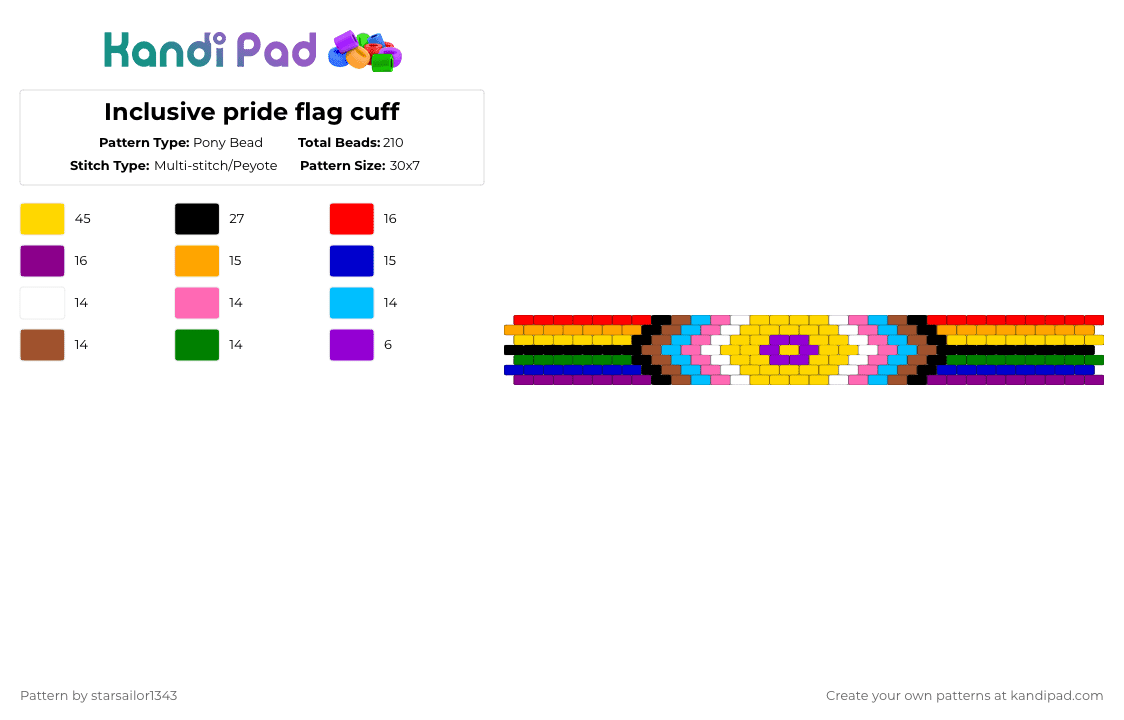 Inclusive pride flag cuff - Pony Bead Pattern by starsailor1343 on Kandi Pad - yellow,pink,red,pride,inclusive,colorful