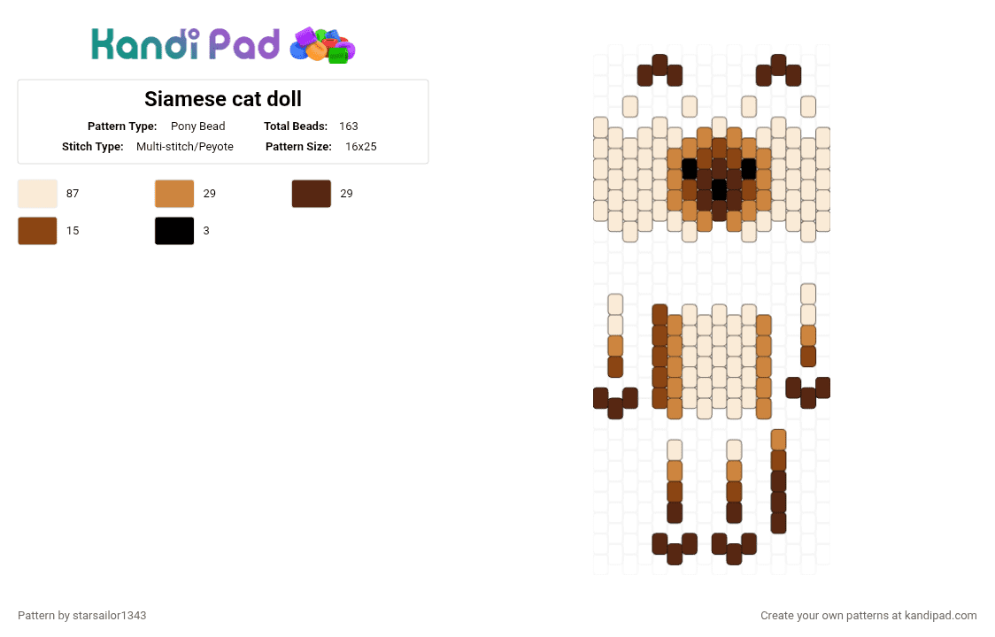 Siamese cat doll - Pony Bead Pattern by starsailor1343 on Kandi Pad - white,orange,brown
