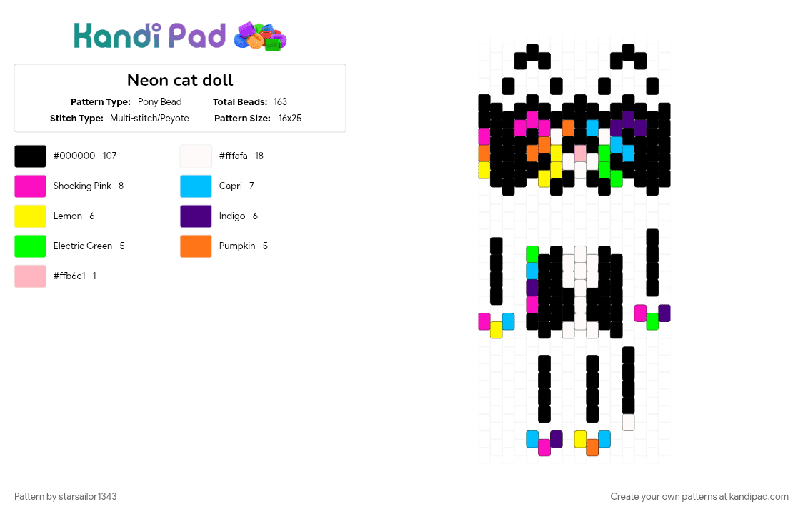 Neon cat doll - Pony Bead Pattern by starsailor1343 on Kandi Pad - animal, black, colorful, light blue, pink, scenecore