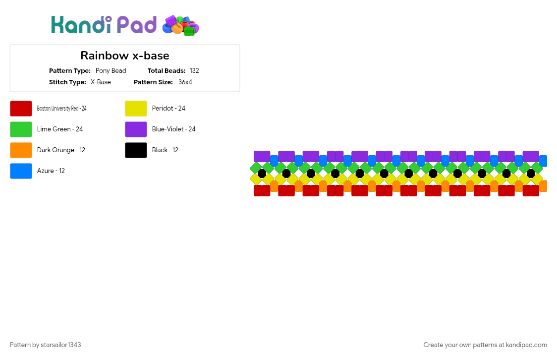 Rainbow x-base - Pony Bead Pattern by starsailor1343 on Kandi Pad - green, lgbtq, lgbtqia, pride, purple, red, yellow