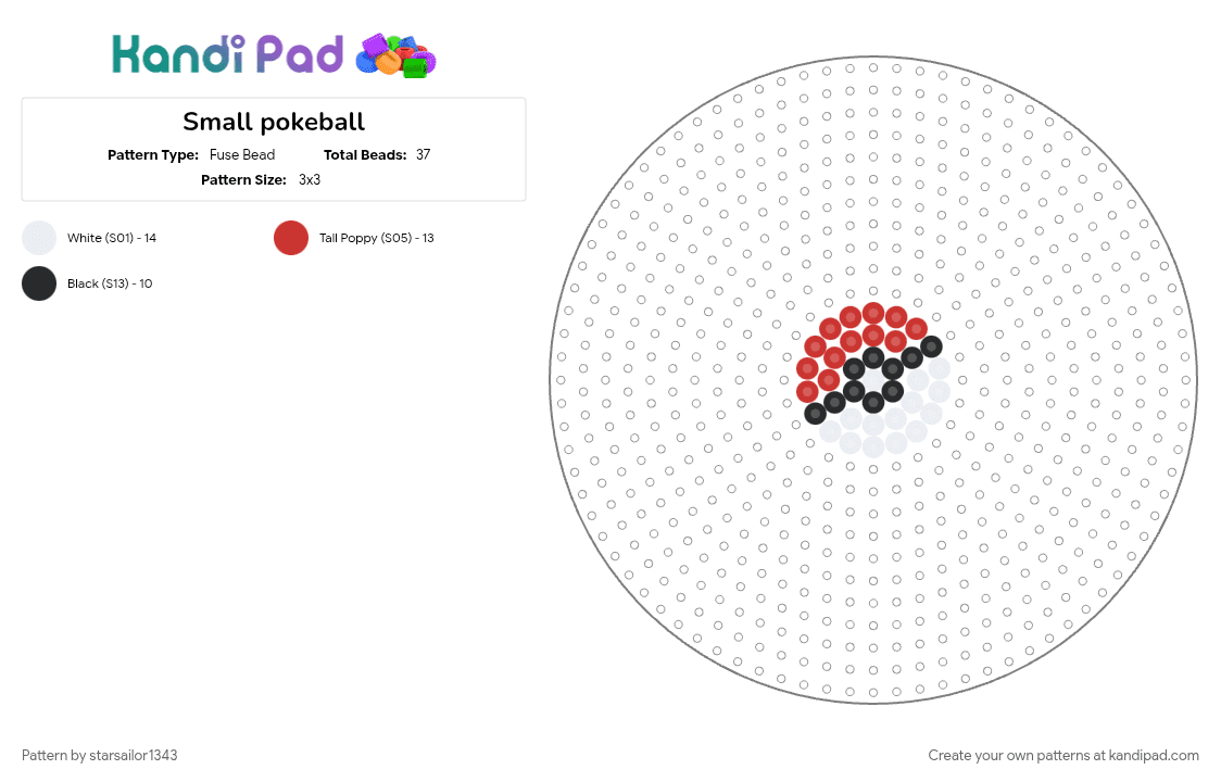 Small pokeball - Fuse Bead Pattern by starsailor1343 on Kandi Pad - pokemon, red, white
