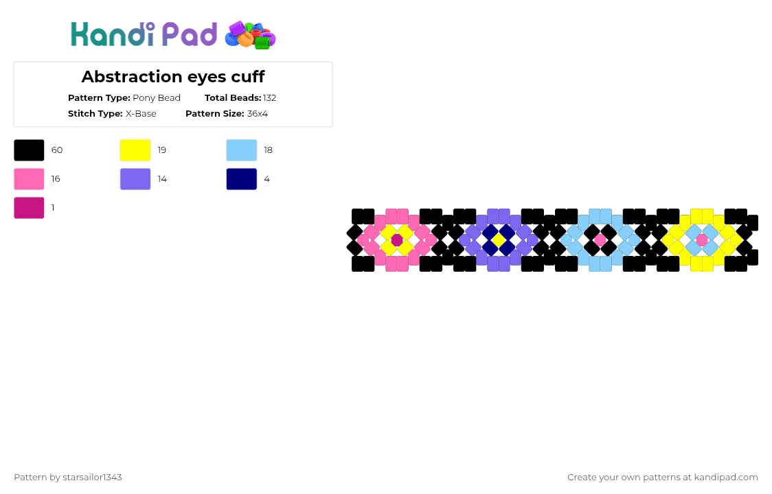 Abstraction eyes cuff - Pony Bead Pattern by starsailor1343 on Kandi Pad - pink,yellow,blue,light blue,black,eyes,eye,the amazing digital circus,colorful