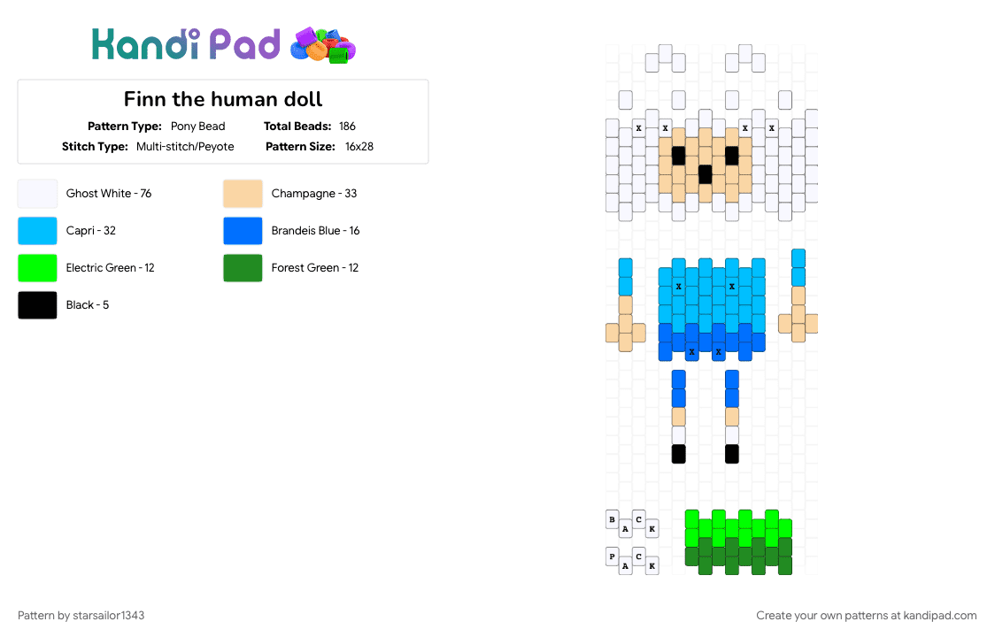 Finn the human doll - Pony Bead Pattern by starsailor1343 on Kandi Pad - 3d, 3d doll, adventure time, beige, light blue