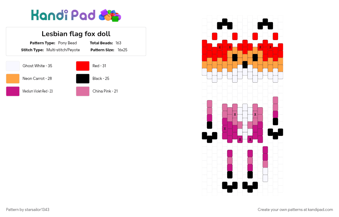 Lesbian flag fox doll - Pony Bead Pattern by starsailor1343 on Kandi Pad - animal, orange, pink, pride, red