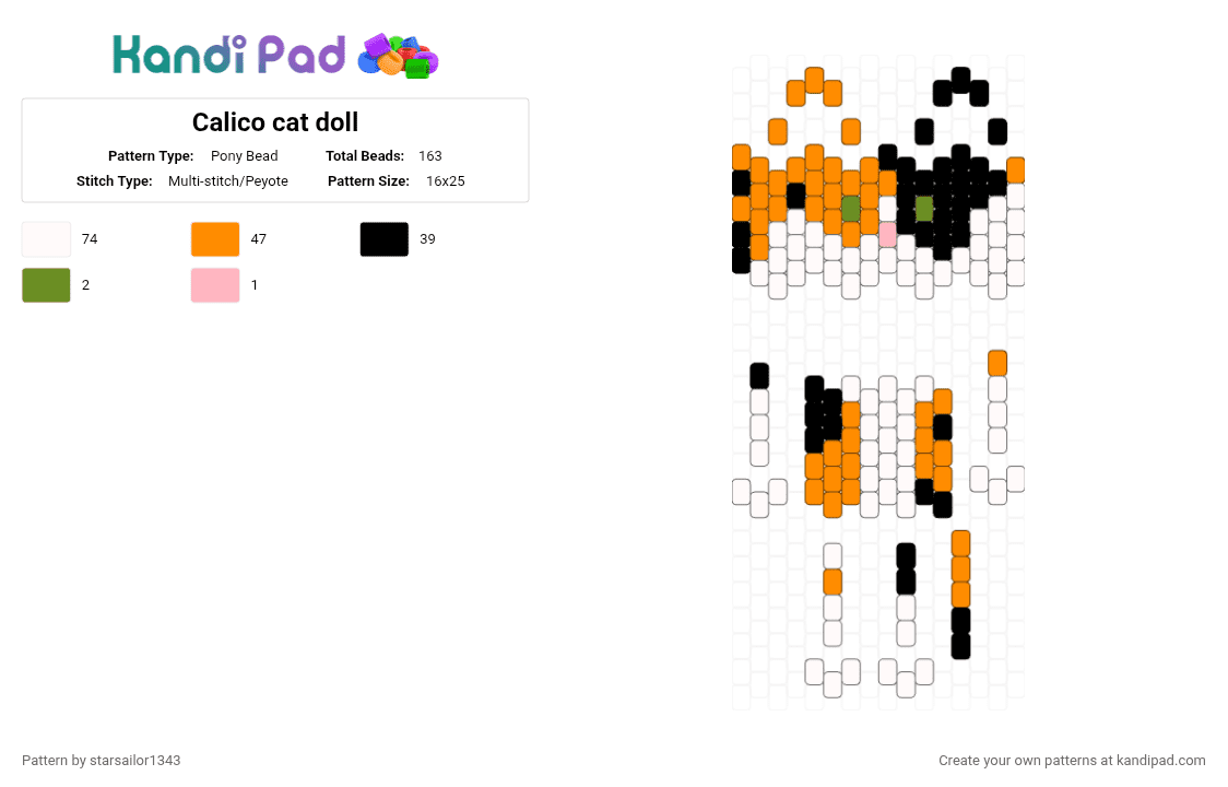 Calico cat doll - Pony Bead Pattern by starsailor1343 on Kandi Pad - orange, white