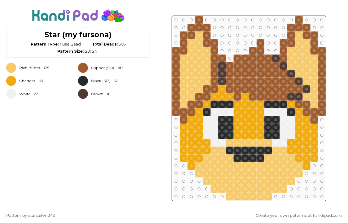 Star (my fursona) - Fuse Bead Pattern by starsailor1343 on Kandi Pad - yellow,tan,furry,fox,orange,brown