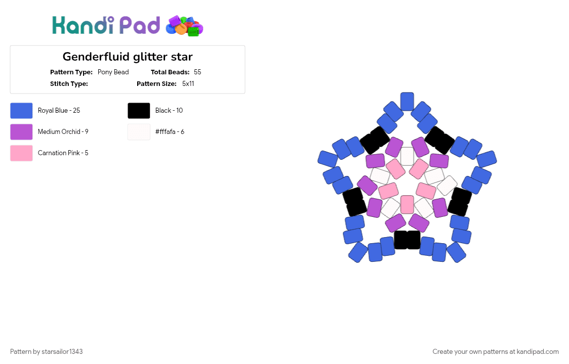 Genderfluid glitter star - Pony Bead Pattern by starsailor1343 on Kandi Pad - blue, pink, pride, pride charm, pride flag