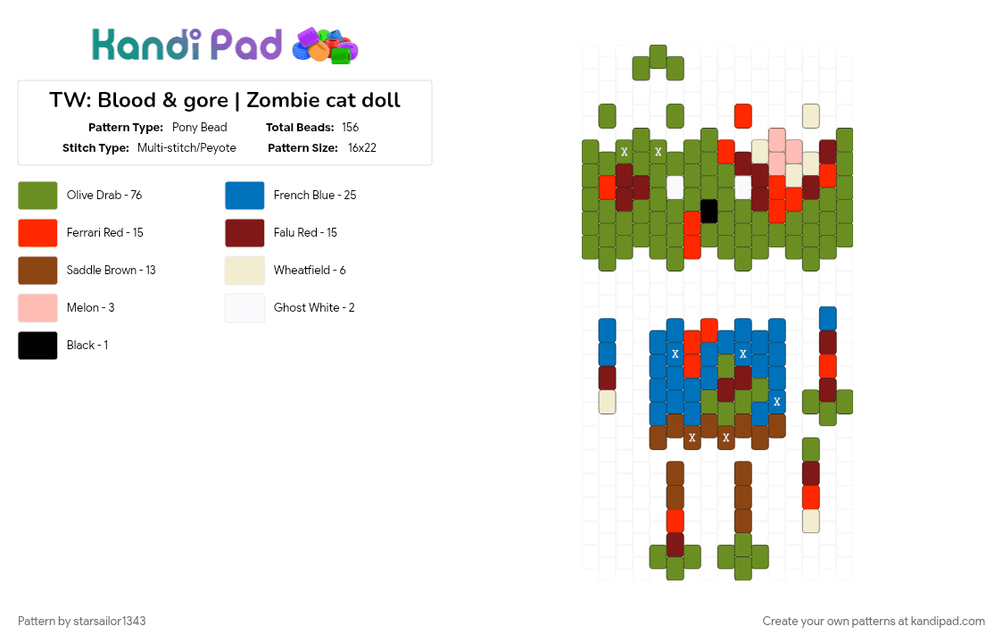 TW: Blood & gore | Zombie cat doll - Pony Bead Pattern by starsailor1343 on Kandi Pad - 3d, 3d doll, green, halloween, kitty, red, undead