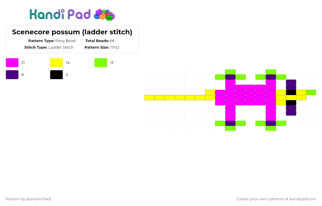 Scenecore possum (ladder stitch) - Pony Bead Pattern by starsailor1343 on Kandi Pad - pink,neon,scene,scenecore,possum,animal