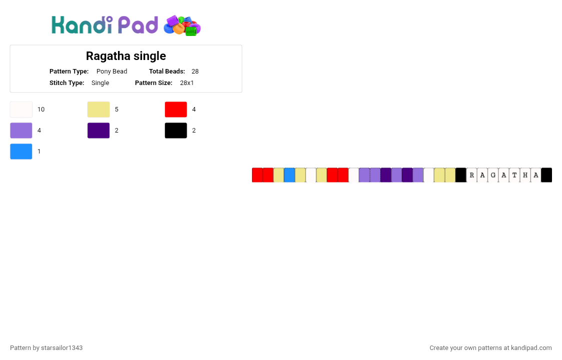 Ragatha single - Pony Bead Pattern by starsailor1343 on Kandi Pad - red,yellow,purple