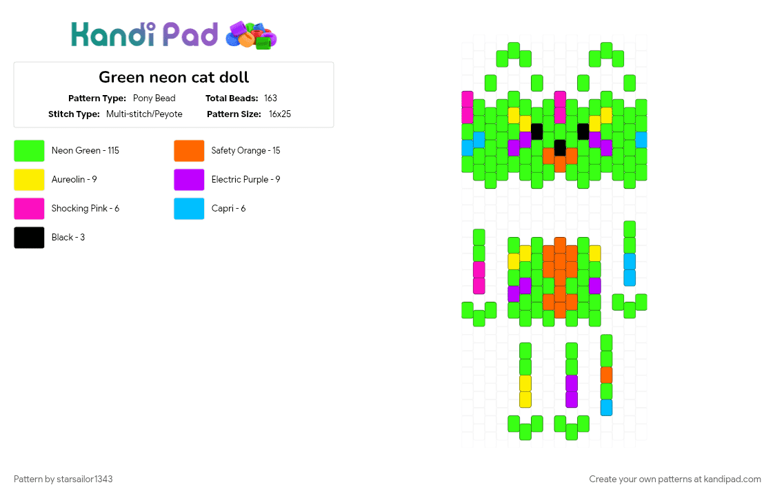 Green neon cat doll - Pony Bead Pattern by starsailor1343 on Kandi Pad - animal, animals, colorful, green, kitty, rainbow