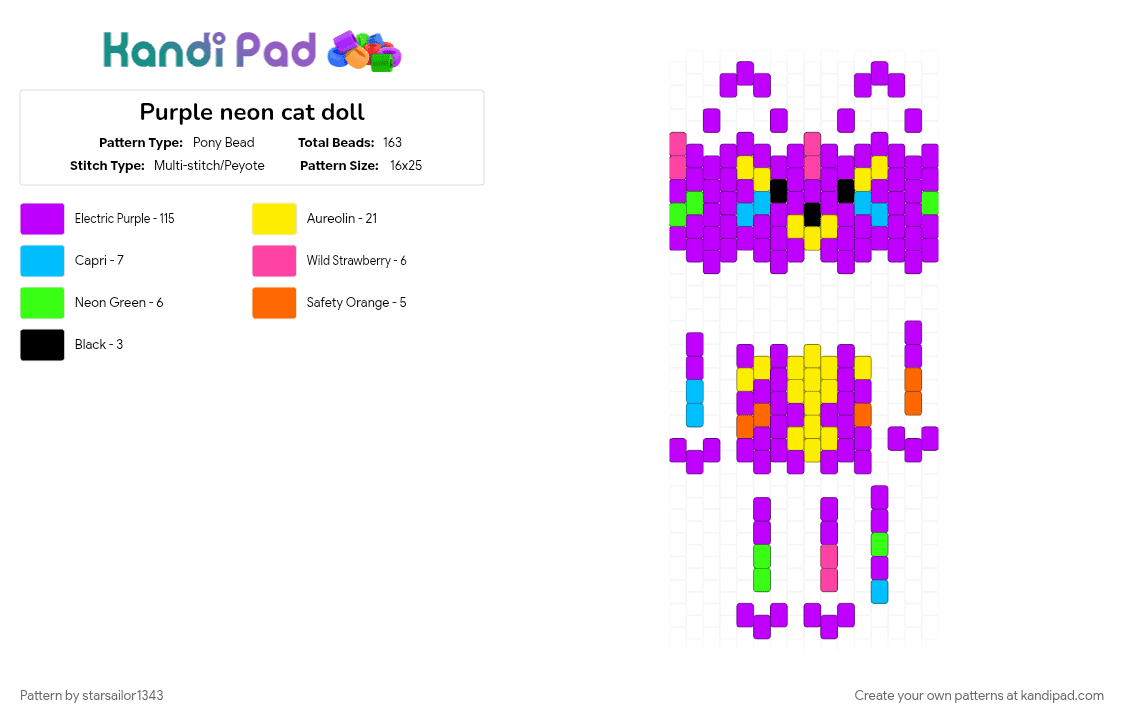 Purple neon cat doll - Pony Bead Pattern by starsailor1343 on Kandi Pad - animal, animals, colorful, kitty, purple, rainbow