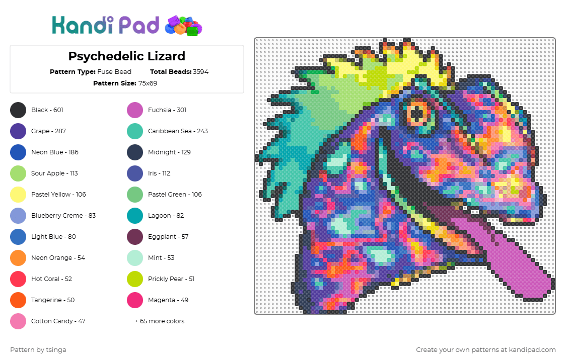 Psychedelic Lizard - Fuse Bead Pattern by tsinga on Kandi Pad - green,teal,blue,pink,colorful,trippy,lizard,animal,psychedelic