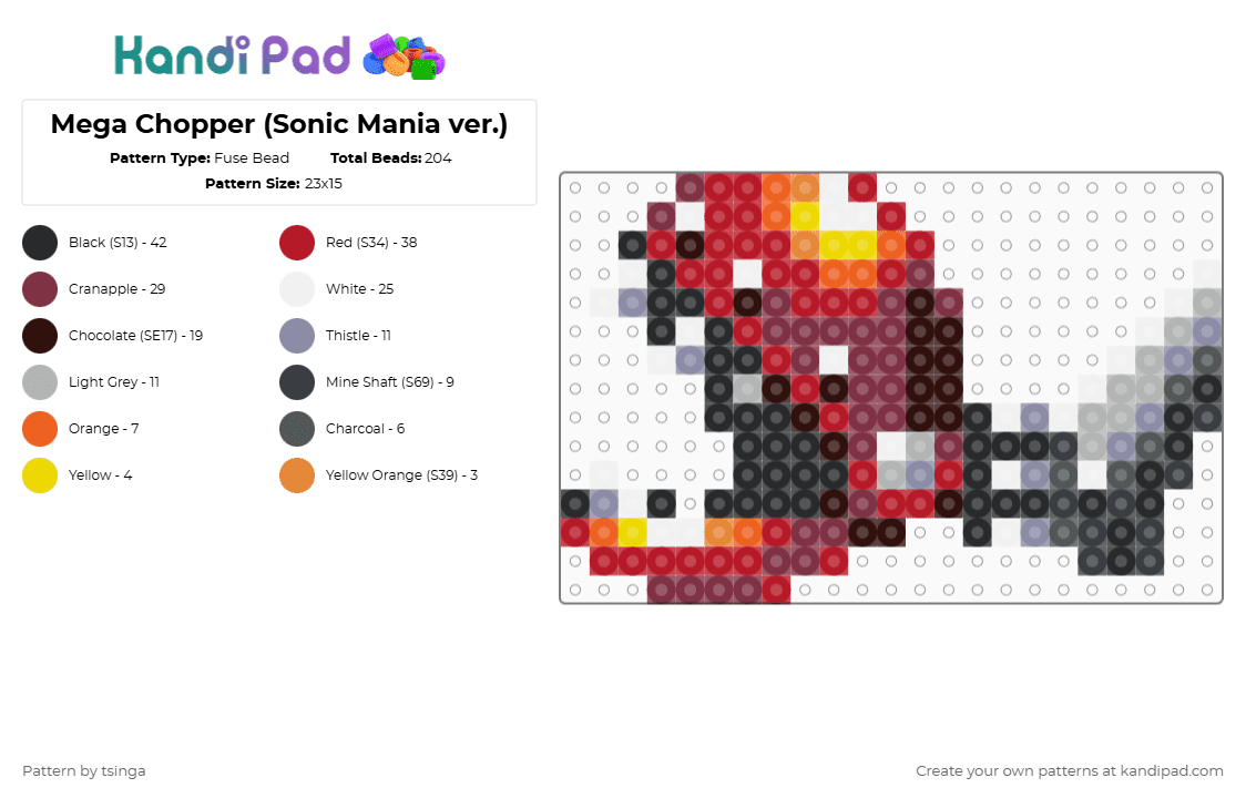 Mega Chopper (Sonic Mania ver.) - Fuse Bead Pattern by tsinga on Kandi Pad - red,brown,sonic,sonic the hedgehog,fish,robot,video game