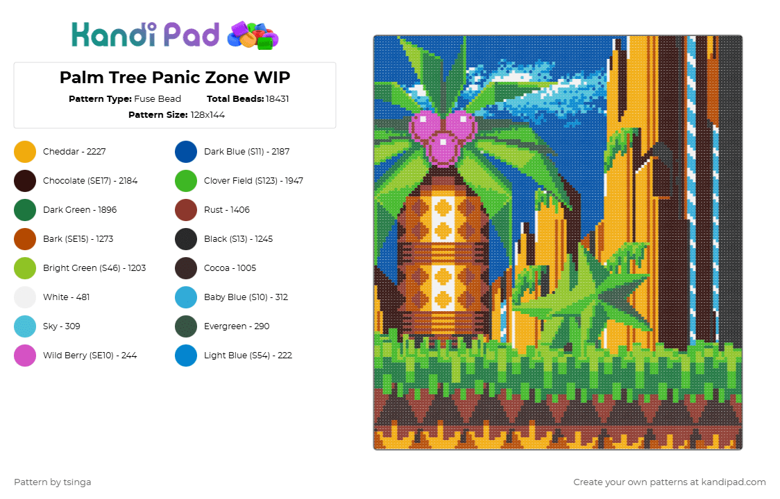 Palmtree Panic Zone - Fuse Bead Pattern by tsinga on Kandi Pad - orange,green,blue,colorful,sonic,sonic the hedgehog,sonic cd,video game