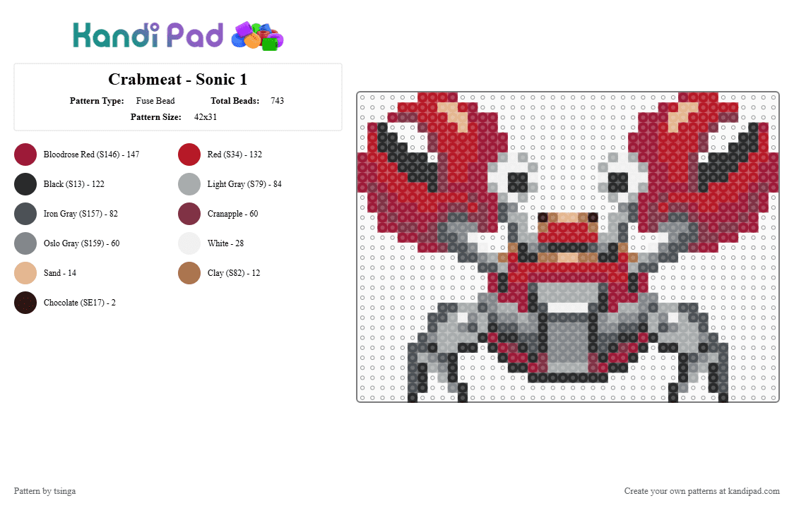 Crabmeat - Sonic 1 - Fuse Bead Pattern by tsinga on Kandi Pad - red,gray,sonic,sonic the hedgehog,crab,robot,video game
