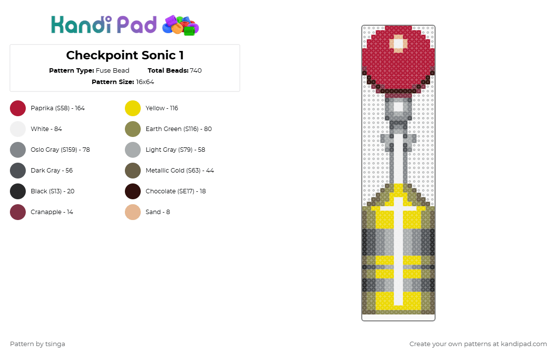 Checkpoint Sonic 1 - Fuse Bead Pattern by tsinga on Kandi Pad - yellow,gray,red,sonic,sonic 1,video game,sonic the hedgehog