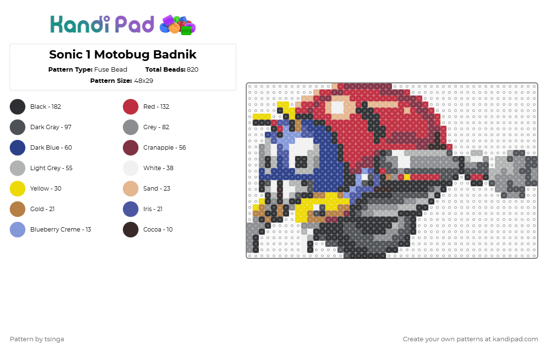 Sonic 1 Motobug Badnik - Fuse Bead Pattern by tsinga on Kandi Pad - gray,blue,red,colorful,sonic,badnik,robot,bug,video game
