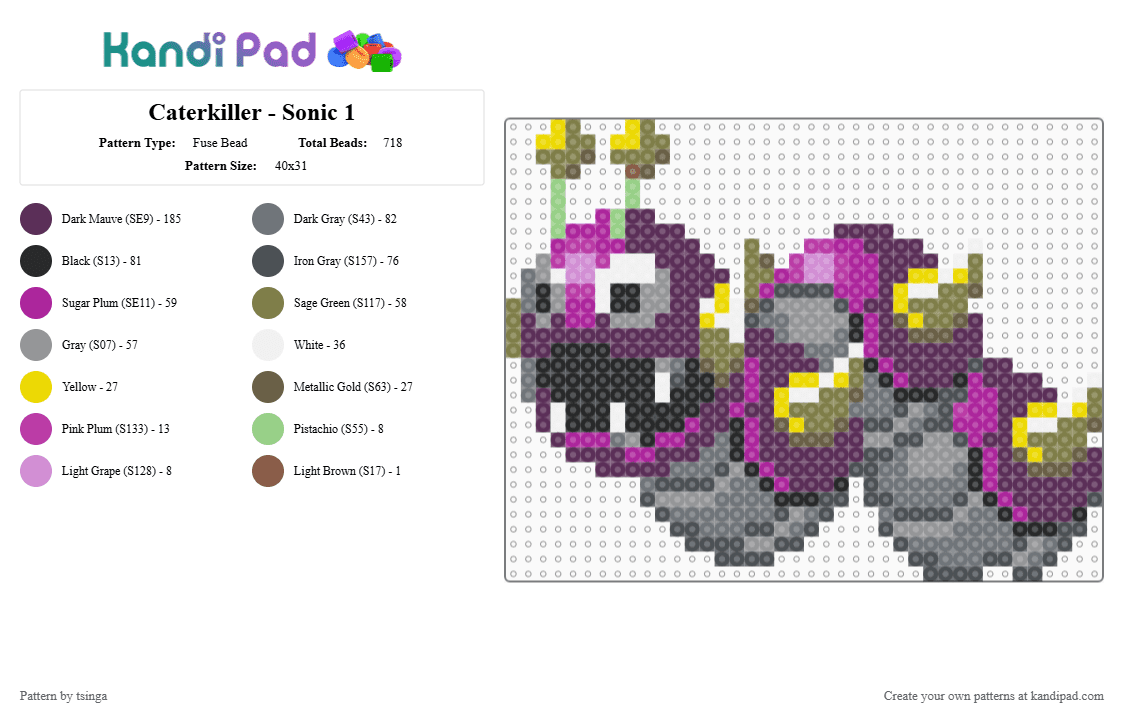 Caterkiller - Sonic 1 - Fuse Bead Pattern by tsinga on Kandi Pad - pink,gray,sonic,sonic the hedgehog,bug,insect,robot,video game