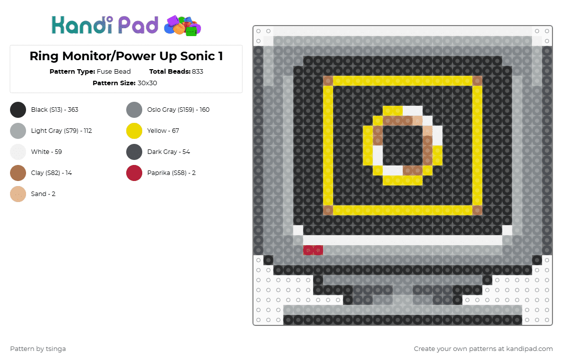 Ring Monitor/Power Up Sonic 1 - Fuse Bead Pattern by tsinga on Kandi Pad - black,gray,sonic,sonic 1,sonic the hedgehog,video game