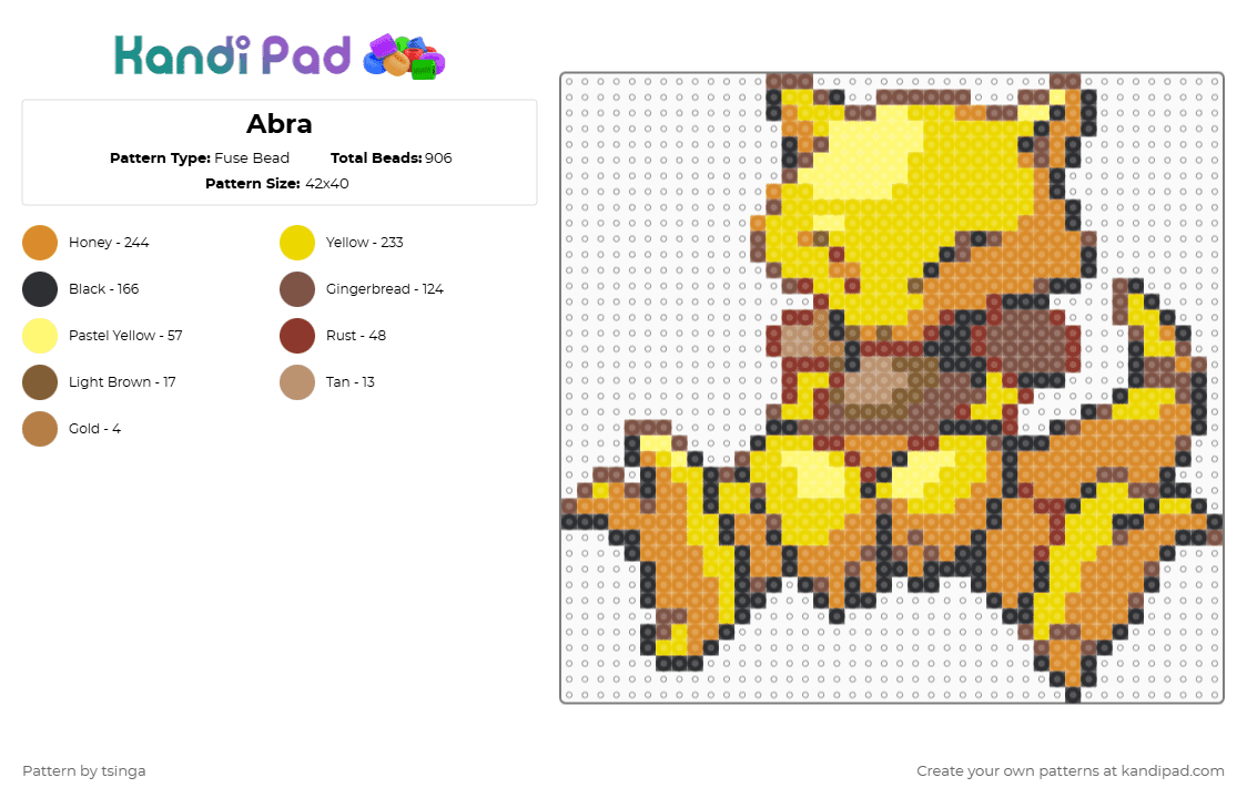 Abra - Fuse Bead Pattern by tsinga on Kandi Pad - video game,cartoon,gaming,pokemon,yellow,orange,tan,abra,leaf green,fire red