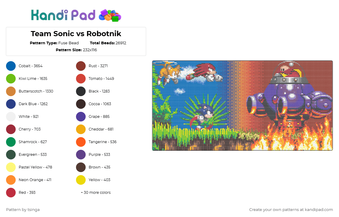 Team Sonic vs Robotnik - Fuse Bead Pattern by tsinga on Kandi Pad - orange,blue,purple,colorful,sonic the hedgehog,knuckles,tails,robotnik,video game,big,poster,gaming