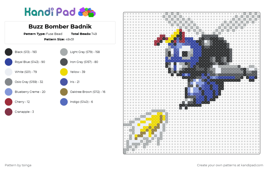 Buzz Bomber Badnik - Fuse Bead Pattern by tsinga on Kandi Pad - gray,purple,sonic,sonic the hedgehog,sonic 1,bug,robot,video game