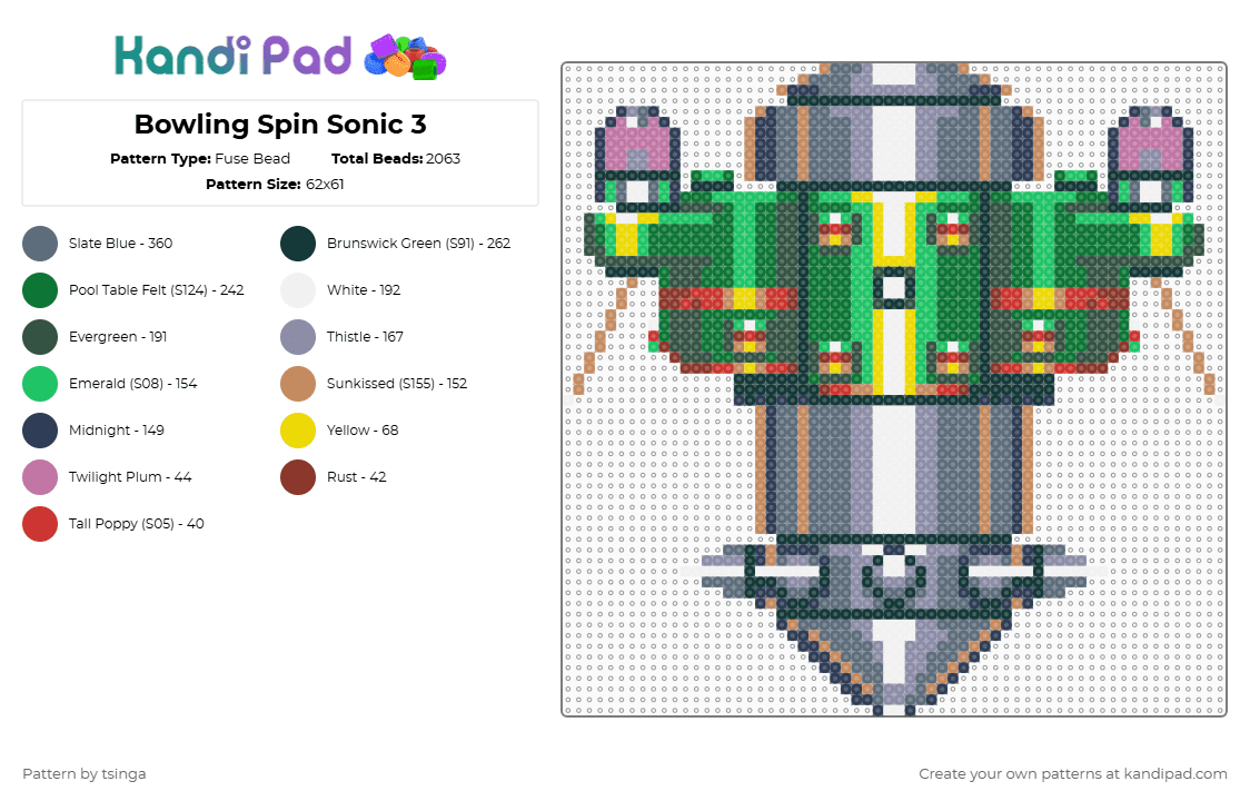 Bowling Spin Sonic 3 - Fuse Bead Pattern by tsinga on Kandi Pad - gray,green,sonic,sonic 3,sonic the hedgehog,robot,machine,video game